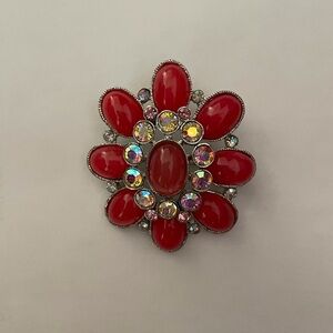 Vintage brooch coral enamel and rhinestone dome shaped on silver tone